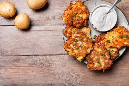 Potato latkes with sour cream on wooden background, top view, copy space. Traditional jewish latkes or levivot. Hash browns.の写真素材