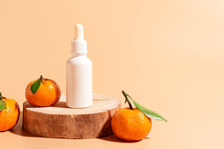 White unlabeled cosmetic serum and orange citrus fruit on wood cut podium. Natural vitamin c skin care product on orange background, copy space. Beauty serum bottle product branding, essential oil.の写真素材