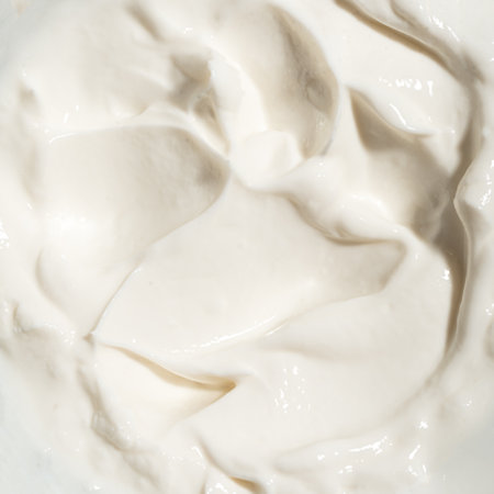 Homemade Greek Yogurt texture close up. Sour cream, whipped cream.の写真素材