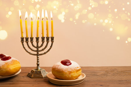 Hanukkiah, Hanukkah golden Menorah with burning candles and sufganiyah jelly donuts, golden shining bokeh lights, copy space. Celebration Hanukkah concept design. Jewish Festival of Lights.の写真素材
