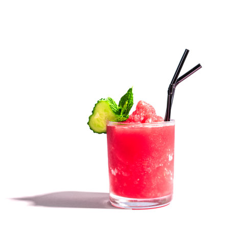 Watermelon slushie or granita cocktail with mint and cucumber slice isolated on white background, design element. Refreshing cold summer shaved ice berry strawberry sorbet drink.の写真素材