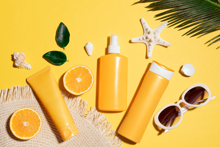 Summer vacation, UV Ultraviolet protection concept. Orange sunblock products, sunglasses, straw hat,...