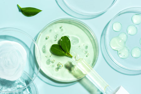 Natural skin care products swatches in petri dish with dropper and green plants on blue background, close up. Eco beauty, herbal cosmetic laboratory research and organic plant based skin care concept.の写真素材
