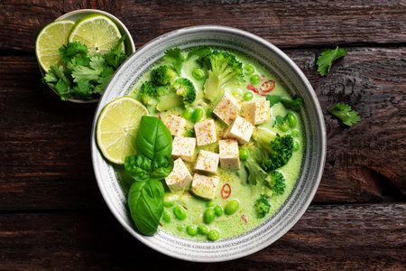 Thai green curry vegan soup with tofu on dark wooden background, top view. Healthy vegan meal, thai food, asian style lunch.の写真素材