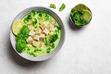 Thai green curry vegan soup with tofu, top view. Healthy vegan meal, thai food.の写真素材