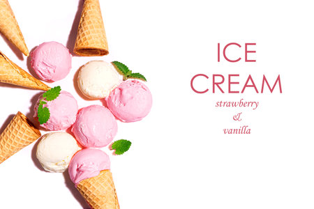 Strawberry and vanilla scoops of ice cream and waffle cones isolated on white background, top view, copy space. Various ice creams or gelato creative flat lay, trendy banner design template.の写真素材