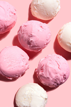 Strawberry and vanilla scoops of ice cream close up on pink pastel background, top view. Various ice creams or gelato creative flat lay, trendy design.の写真素材