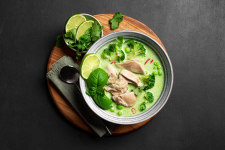 Thai green curry chicken soup served on black background, top view. Healthy traditional meal, Thai...