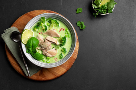 Thai green curry chicken soup on black background, top view, copy space. Healthy traditional meal, Thai food, Asian style lunch.の写真素材