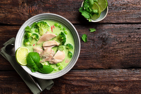 Bowl of thai green curry chicken soup on wooden table, top view, copy space. Healthy traditional Thai food, Asian style lunch. Keng kiaw wan.の写真素材