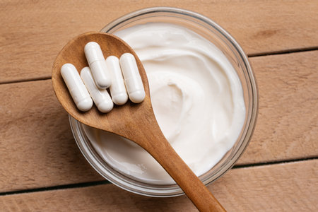 Probiotic capsules on wooden spoon and bowl of kefir or yogurt, top view, close up. Fermented...
