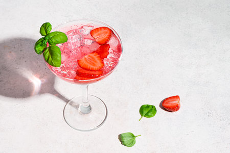 Fresh strawberry summer sparkling cocktail. Glass of strawberry and basil daiquiri, trendy mocktail on white background, copy space. Creative summer cocktail party concept.の写真素材