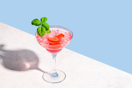 Fresh strawberry summer cocktail. Glass of strawberry and basil daiquiri, trendy mocktail on light blue background, copy space. Creative summer cocktail party concept.の写真素材