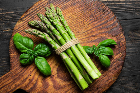 Asparagus on wooden background, top view. Bunch of fresh green asparagus ready to cook.の写真素材