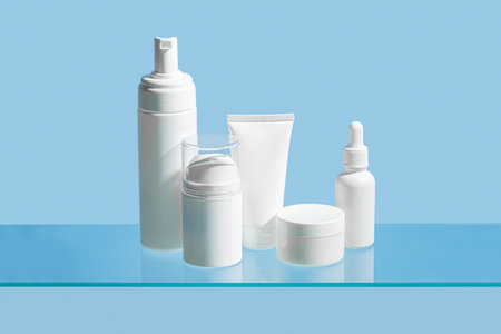 Various cosmetic products containers on glass shelf and blue background. White blank face moisturizer jar, cleanser gel tube, face serum dropper branding mockup, daily skin care concept.の写真素材