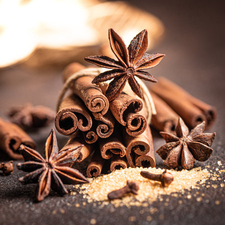 Traditional Christmas aromatic spices and brown sugar close up. Anise stars and cinnamon, mulled wine ingredients. Aesthetic Christmas concept, selective focus.の写真素材