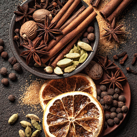 Traditional Christmas aromatic spices and brown sugar, top view. Ingredients for mulled wine....