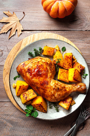 Autumn meal: roasted chicken quarter and pumpkin with garlic and herbs on wooden table, top view. Oven baked pumpkin and turkey.の写真素材