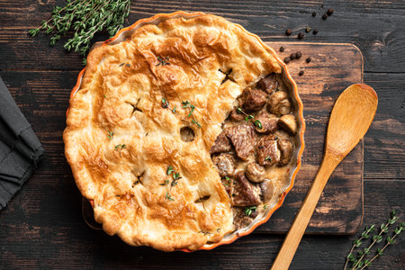 Beef Meat and Mushroom Pie on wooden background, top view. Seasonal hearty comfort meal - homemade creamy meat pie.の写真素材