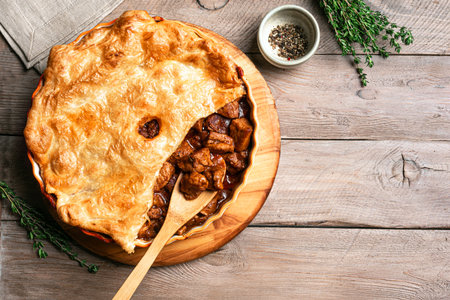 Beef steak pie with puff pastry, thyme and spices on rustic wooden background, top view, copy space. Homemade meat ale pie recipe template.の写真素材