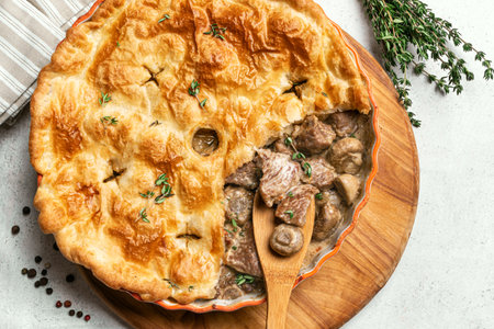 Chicken and Mushroom Pie with crispy puff pastry crust, top view, close up. Homemade comfort meal, delicious meat pie recipe.の写真素材