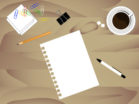 Notepad, pencil, coffee mug, paper sheet on on table.のイラスト素材
