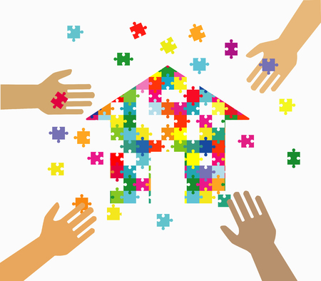 Four hands putting multicolor puzzle pieces together. Teamwork, cooperation, business, solution, work concept.のイラスト素材