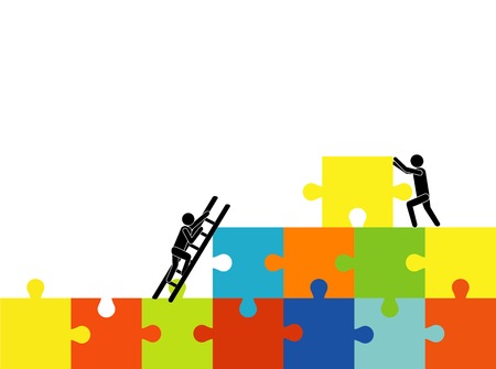 Solution to the problem together. business success concept, People move pieces of jigsaw puzzle for assembling success text cartoon vector illustrationのイラスト素材