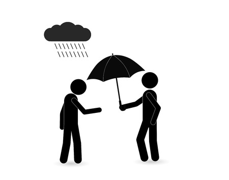 Man gives the other person an umbrella for protection from the rain. The concept of aid. Vector.のイラスト素材