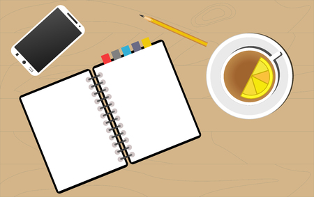 Hot cup of tea with lemon, notepad pencil and phone on a wooden backgroundのイラスト素材