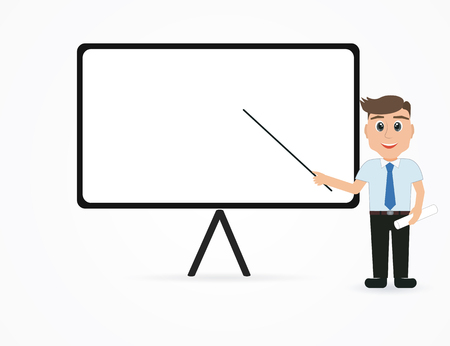 Vector illustration - business man explaining and pointing at white board.のイラスト素材