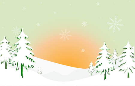 Holiday christmas background - hills, snow, snowflakes, sun and fir-treeのイラスト素材