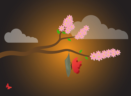The spring background of nature is a cherry branch, a cocoon (chrysalis) and butterflies at sunrise.Cocoon, metamorphosis, insectのイラスト素材