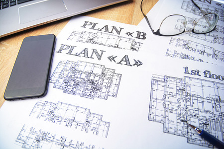 Architectural blueprints - paper, drawings, pencil, plan, layout, ruler, calculator, compasses
