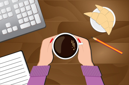 Women's hands in a sweater holding a mug of hot coffee. Vector illustrationのイラスト素材