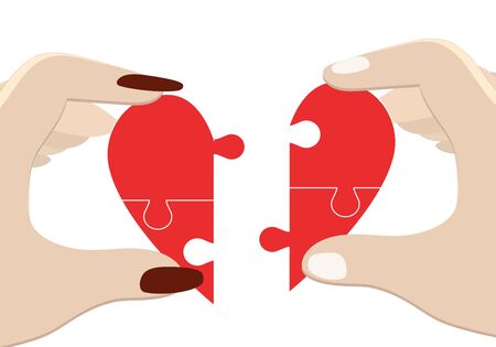 Two lovers, a man and a woman holding halves of hearts from pieces of the puzzle. Love, romance, matrimony.のイラスト素材