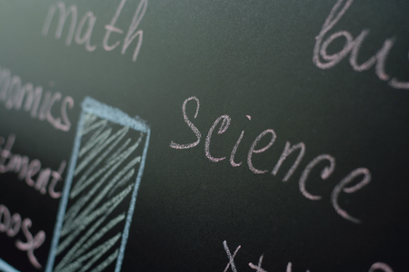 Charts, plans, diagrams mathematical equation with two unknowns and question mark, words education, math, business, economics, science, commitment, purpose, success written in chalk on a blackboardの写真素材