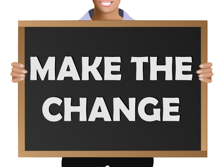 Girl (manager, student, businesswoman) in casual clothes holding a black chalk board with the text Make the changeのイラスト素材