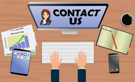 Top view on laptop computer with text Contact us with mobile phone and tablet on office desk. With Business notebook (diary) with text action plan. Modern business workplaceのイラスト素材