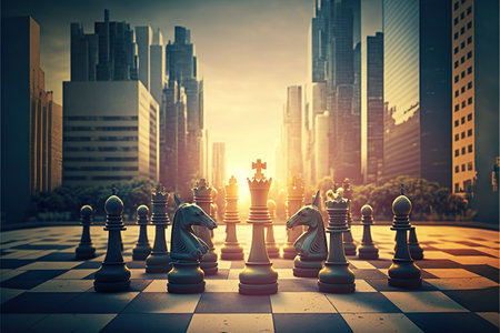 Chess game fight business with city in the background, Leadership , Business Planning , Marketing Forecasting , financial market stock , Generative Aiの素材