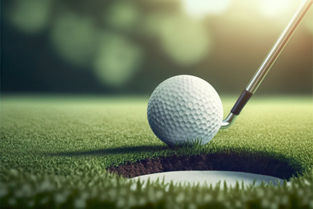 Golf club and ball in grass , Golf ball on tee ready to be shot in golf course, Generative Aiの素材