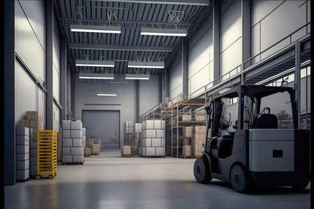 Large warehouse with staff worker , Large cargo warehouse of shelves with goods boxes in modern industry warehouse store at factory warehouse storage , Generative Aiの素材