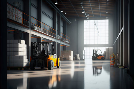 Large warehouse with staff worker , Large cargo warehouse of shelves with goods boxes in modern industry warehouse store at factory warehouse storage , Generative Aiの素材