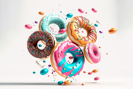 Donuts Set Isolated with sprinkles flying over white background, Generative Aiの素材