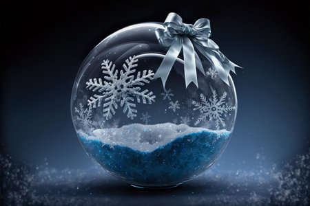 3D illustration , Glass Christmas ball with silver bow on top and snowy background , Generative Aiの素材