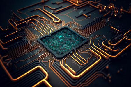 Abstract Computer Circuit Cyberspace Design with Neon Lighting , Technology circuit cyberspace design created with Generative Aiの素材