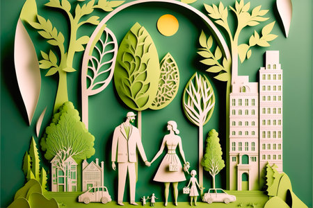 Paper cut , Happy family in city , Eco concept and green power, generative aiの素材