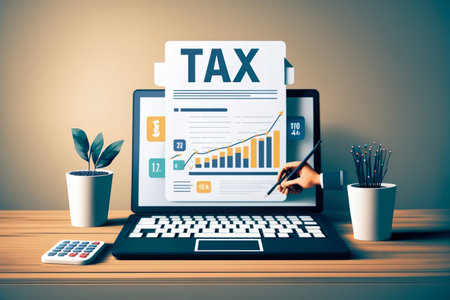 Government taxes and calculation tax return concept , Tax return online for tax payment , Government, state taxes, paperwork, financial research, report , generative aiの素材