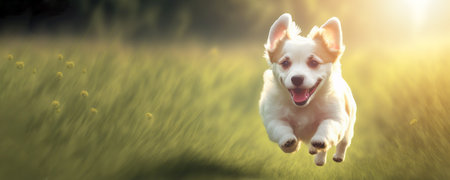 Baby cute dog running on the grass , small dog , Generative Aiの素材
