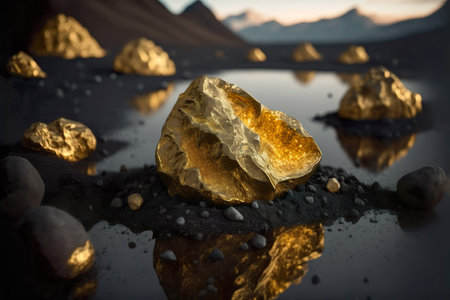 Pure gold ore close-up , Big gold nugget from the mine , Generative Aiの素材